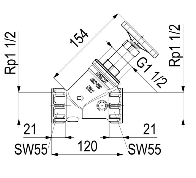 Technische Zeichnung eines Schrägsitzventils mit Nennweite 40 und Anschlussgrößen von eineinhalb Zoll.