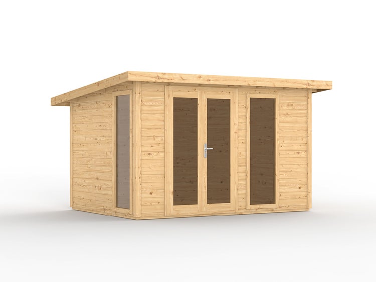 Modernes Gartenhaus aus Holz mit Pultdach, einer Glas-Doppeltür und zwei großen Fenstern.