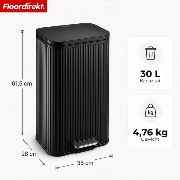 Floordirekt Logo. Tretabfalleimer, 30 Liter Kapazität, 4,76 Kilogramm Gewicht, 61,5 Zentimeter hoch, 35 Zentimeter breit, 28 Zentimeter tief.