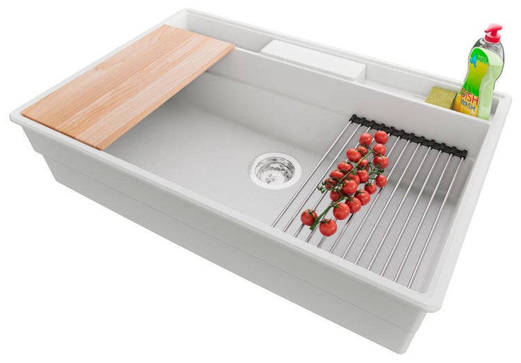 Spülbecken mit Abtropfgestell, Schneidebrett, Spülmittel und Spülschwamm