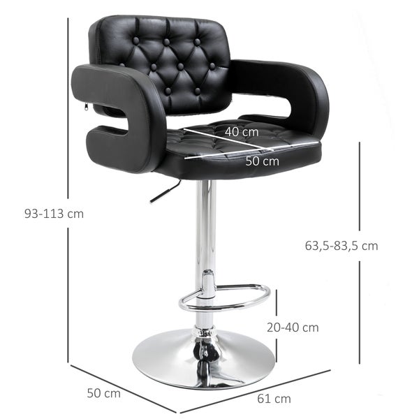 Barhocker mit Kunstlederbezug und Knopfheftung, höhenverstellbar von 93 bis 113 Zentimeter, Sitzbreite 50 Zentimeter, Tiefe 40 Zentimeter.