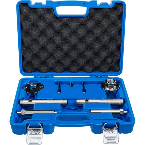 Motor-Einstellwerkzeug-Satz in einem blauen Kunststoffkoffer mit Werkzeugen aus Metall und Schaumstoffpolsterung.