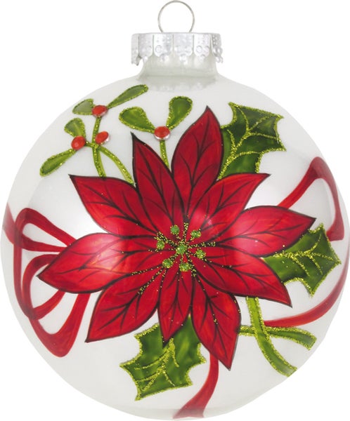 Porzellanweiß 10cm Glaskugel mit Weihnachtsstern handdekoriert (1 Stück), 1 Stck.