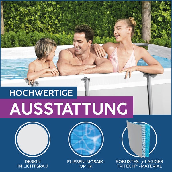 Familie im Aufstellpool mit Tritech-Material, Mosaik-Optik im Inneren und lichtgrauem Außendesign.