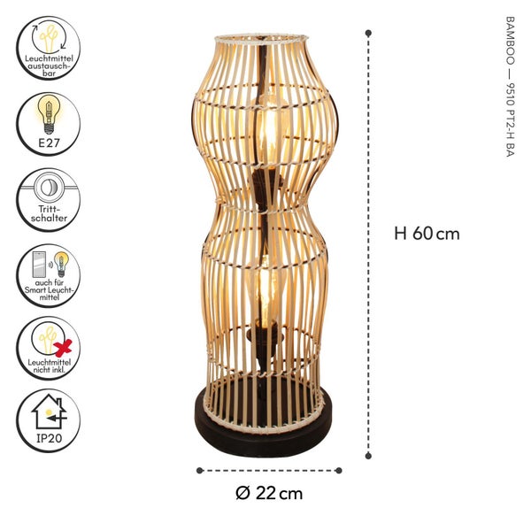 Tischleuchte Bamboo, sanduhrförmig, zwei E27, Höhe 60 Zentimeter, Durchmesser 22 Zentimeter, Trittschalter, smart-fähig, IP20, ohne Leuchtmittel.
