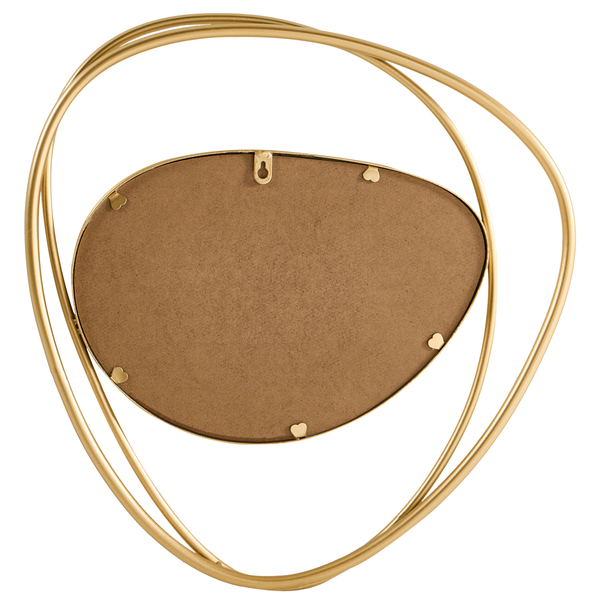 Rückansicht eines asymmetrischen Wandspiegels mit goldenem Metallrahmen und Aufhängung.