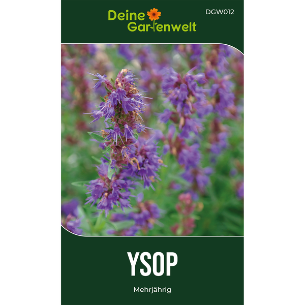 Samenpackung für mehrjährigen Ysop mit Deine Gartenwelt Logo und Nahaufnahme der violetten Blüten.