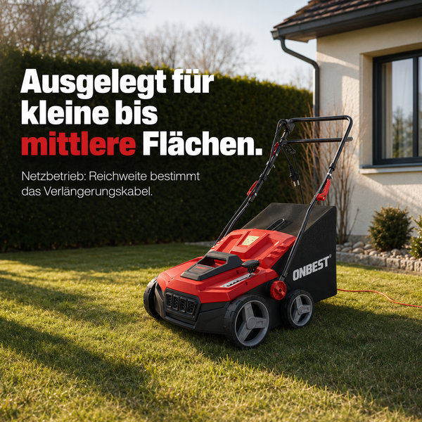 Elektro-Vertikutierer von Onbest auf einer Rasenfläche vor einem Wohnhaus, geeignet für kleine bis mittlere Flächen.