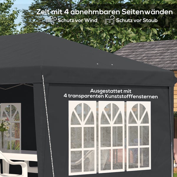 Pavillon mit vier abnehmbaren Seitenwänden und transparenten Kunststofffenstern, bietet Schutz vor Wind und Staub.