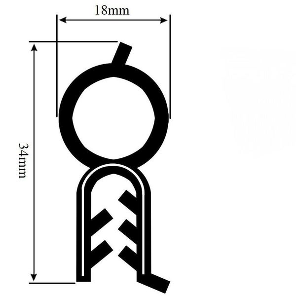 Technische Zeichnung eines Klemmprofils mit einer Breite von 18 Millimetern und einer Gesamthöhe von 34 Millimetern.