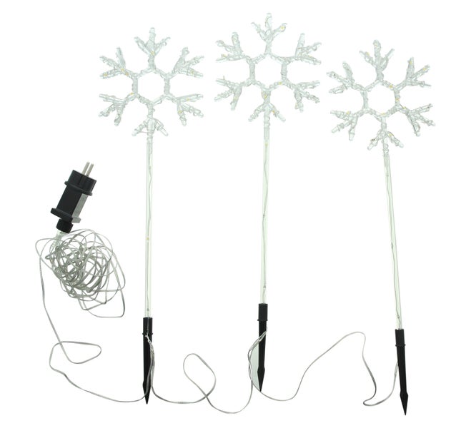 Drei LED Schneeflocken-Gartenstecker mit Stromkabel