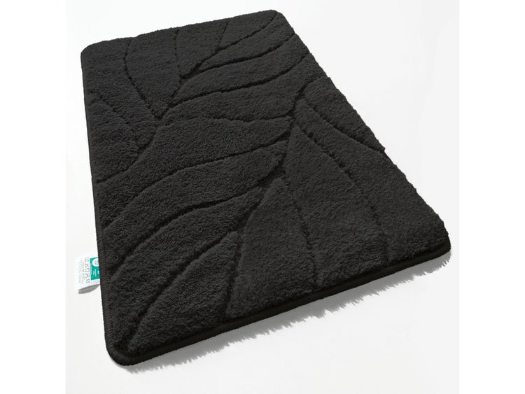 FLOORDIREKT Badematte Maris - Flauschiger Badvorleger mit Blattstruktur - Schwarz - 40 x 60 cm