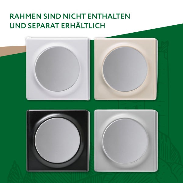 Vier quadratische Schalterabdeckungen mit runden Einsätzen in verschiedenen Ausführungen. Rahmen sind nicht enthalten und separat erhältlich.