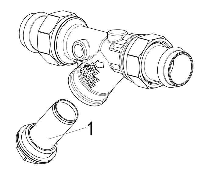 Technische Zeichnung eines Ventilgehäuses mit herausnehmbarem Filtereinsatz Nummer eins, Nennweite 25.