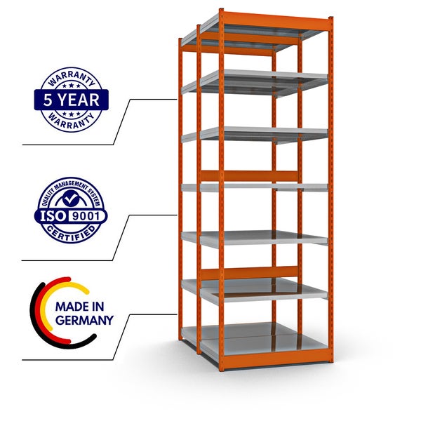 PROREGAL Fachbodenregal Stecksystem Vierkant-Profil Grundregal HxBxT 300 x 102,5 x 60 cm 2x7 Ebenen Doppelseitige Bauart Fachlast 200 kg Orange