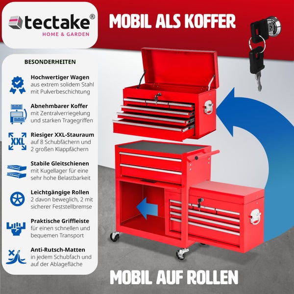 Werkzeugwagen tectake  Rollen Ø 100 mm 8 kugelgelagerte Schubladen mit Antirutschmatten rot