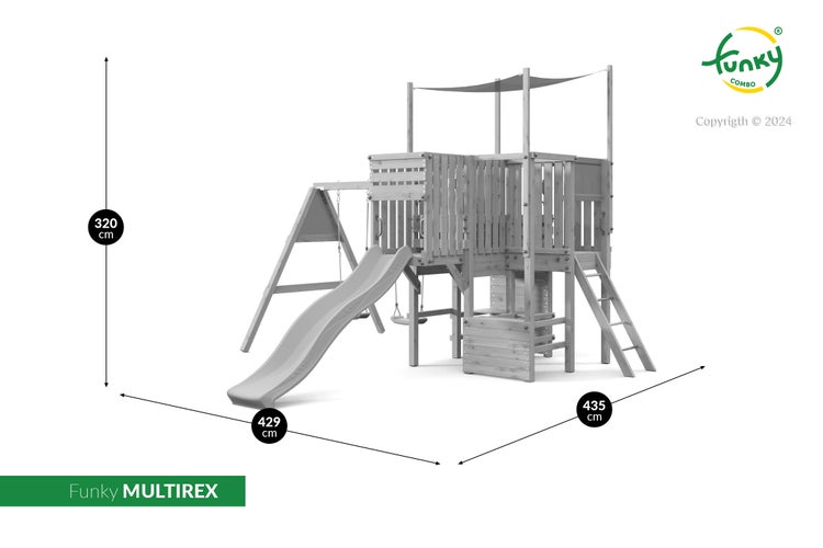 Spielturm Funky MULTIREX aus Holz mit Rutsche, Leiter und Sonnensegel. Maße: Höhe 320 cm, Länge 429 cm, Breite 435 cm.