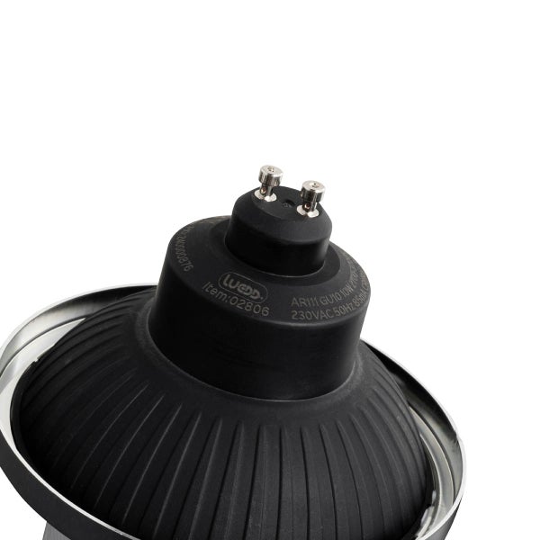 LED-Reflektorlampe AR111 mit GU10 Sockel, 10 Watt, schwarzes Gehäuse.