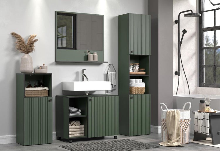 Modernes Badezimmermöbel Set mit Waschtisch, Waschbecken, Spiegel und Hochschrank in gerilltem Design für eine stilvolle und organisierte Einrichtung.