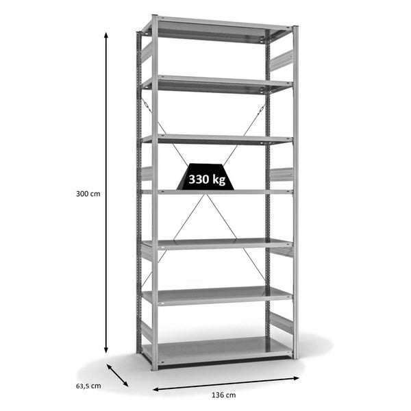 PROREGAL Fachbodenregal Stecksystem T-Profil Heavy-Duty Grundregal HxBxT 300 x 130 x 60 cm 7 Ebenen Fachlast 330 kg Einseitig Nutzbar Verzinkt