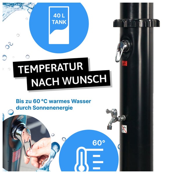 Solardusche mit 40 Liter Wassertank, Einhebelmischer zur Temperaturregelung bis 60 Grad Celsius und zusätzlichem Fußhahn.