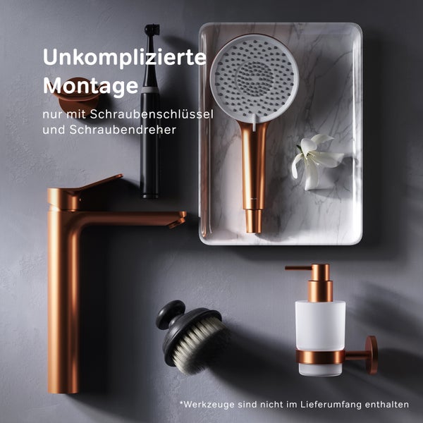 Set aus Badezimmerarmatur Duschkopf und Seifenspender in Metalloptik mit Montagehinweis