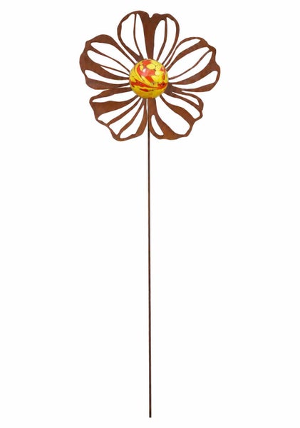 Gartenstecker Blume aus Metall in Edelrostoptik mit einer Glaskugel als Blüte
