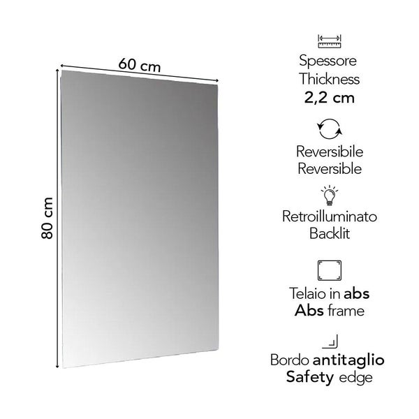 Rechteckiger Badspiegel 60 mal 80 Zentimeter, Tiefe 2,2 Zentimeter, hintergrundbeleuchtet, ABS-Rahmen, Sicherheitskante, beidseitig montierbar.