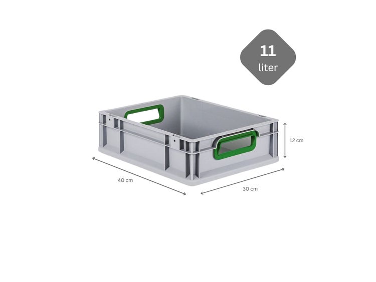 PROREGAL Eurobox Nextgen Color HxBxT 12 x 30 x 40 cm 11 Liter Griffe Grün Offen Glatter Boden Eurobehälter Transportbox