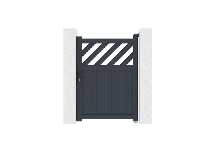 Aluminium-Gartentor in Anthrazit mit diagonalen Streben oben und vertikalen Paneelen unten, montiert zwischen zwei Pfeilern.
