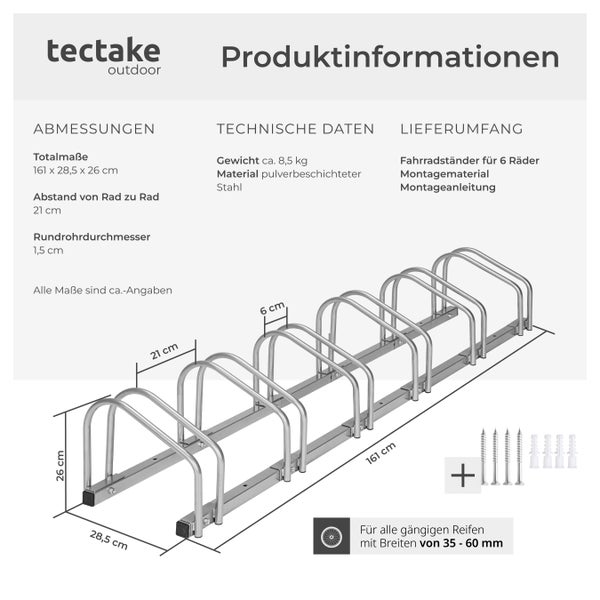 Fahrradständer tectake  von beiden Seiten befahrbar aus rostfreiem Stahl silber