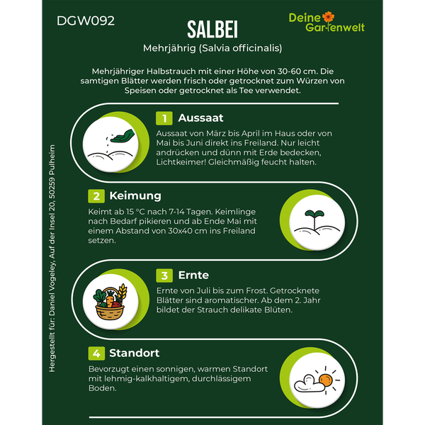 Infografik für Salbei Salvia officinalis mit Deine Gartenwelt Logo. Informationen zu Aussaat, Keimung, Ernte und Standort.