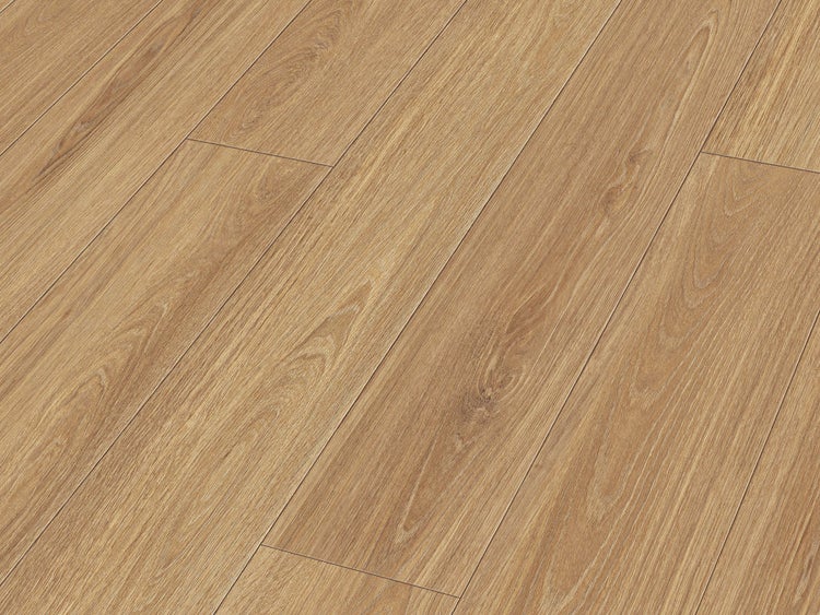 Laminatboden mit Eichenholzoptik in Dielenform mit sichtbarer Holzmaserung