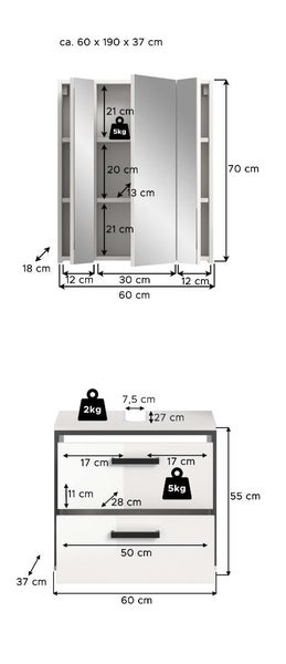 Maße circa 60 mal 190 mal 37 Zentimeter. Spiegelschrank 60 mal 70 mal 18 Zentimeter und Waschbeckenunterschrank 60 mal 55 mal 37 Zentimeter.