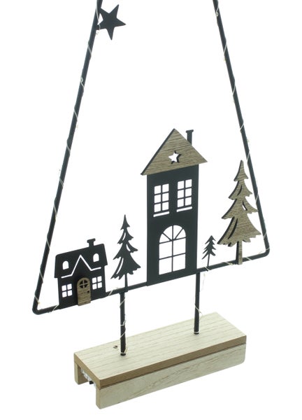 Dekorative Weihnachtsbaumleuchte mit Häusern und Bäumen auf Holzsockel