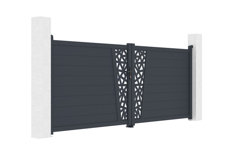 Modernes zweiflügeliges Einfahrtstor aus Aluminium mit dekorativem Lochmuster.