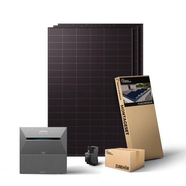Balkonkraftwerk Komplettset bestehend aus Solarmodulen, Anker Solix Solarbank 2 Pro, Montageset für Flachdach und Zubehör.