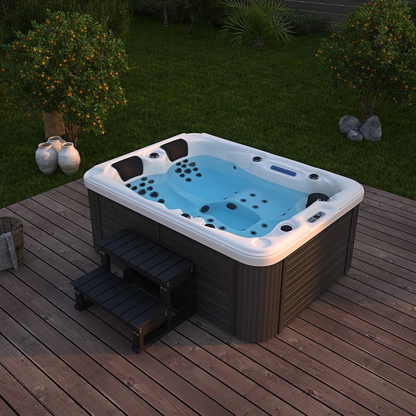 Home Deluxe - Outdoor Whirlpool - Beach Plus Treppe und Thermoabdeckung - Maße: 210 x 155 x 83 cm - Inkl. Heizung, 51 Massagedüsen und 24 Lichtquellen I Außen Whirlpool für 3 Personen