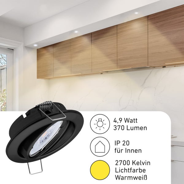 Einbauleuchte mit 4,9 Watt, 370 Lumen und Schutzart IP20 für den Innenbereich, Lichtfarbe warmweiß mit 2700 Kelvin in einer Küchenumgebung.