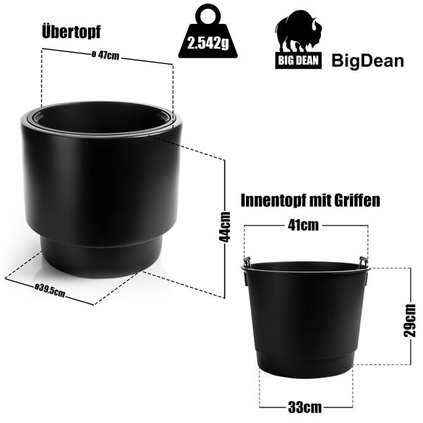 BigDean Blumentopf Design mit Einsatz rund ø 47 cm Schwarz – wetterfester Übertopf aus bruchsicherem Kunststoff – Pflanzkübel Made in Europe