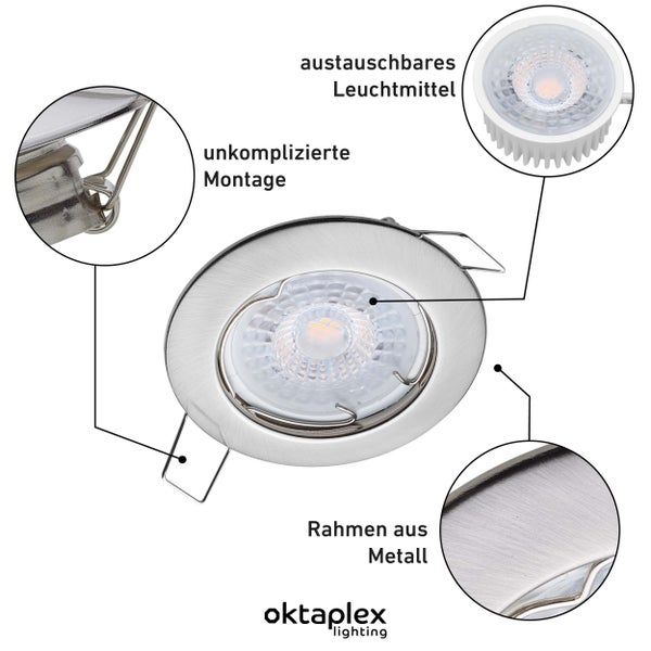 Oktaplex Lighting 3er Set LED Spot Sedan - 3 Stufen dimmbar - 4,8W 3000K 230V 380lm Warmweiß 120° - Deckenspot Edelstahl gebürstet Lochmaß 60mm