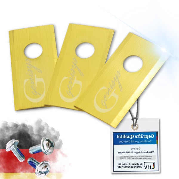 Genisys Messer für Rasenroboter mit Schrauben und Etikett