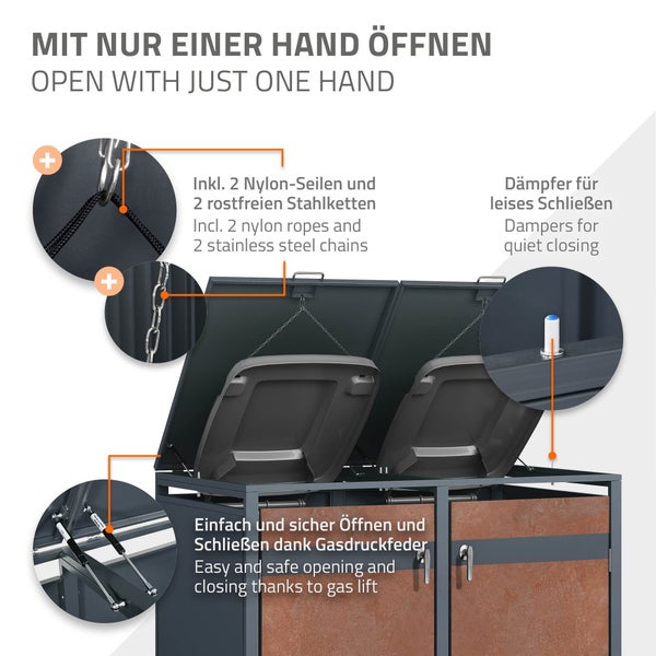 Abbildung von drei grünen Mülltonnen in verschiedenen Größen: 60 Liter, 120 Liter und 240 Liter.