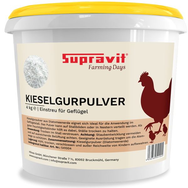 Supravit Kieselgurpulver für Geflügel, 4 Kilogramm Kunststoff-Eimer, weiß mit gelbem Deckel.