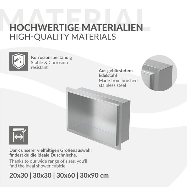 Duschnische aus gebürstetem Edelstahl, korrosionsbeständig, erhältlich in verschiedenen Größen von 20x30 bis 30x90 Zentimeter.