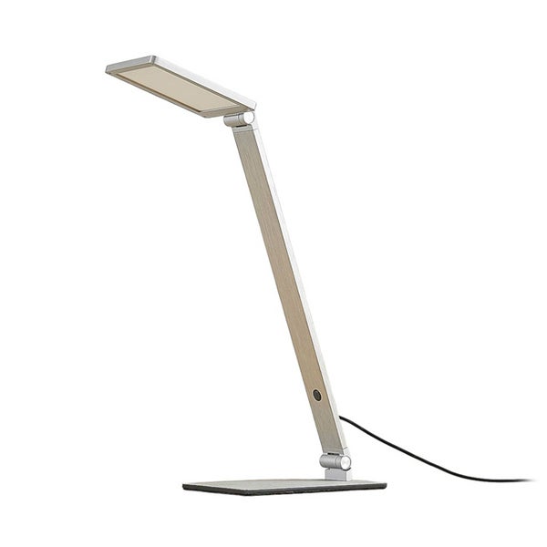 Moderne LED-Schreibtischlampe aus Metall mit flachem rechteckigem Standfuß, verstellbarem Arm und rechteckigem Lampenkopf.
