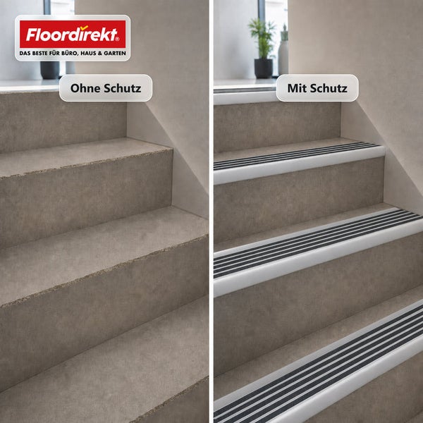 Treppenvergleich mit und ohne Floordirekt Treppenkantenprofil als Kantenschutz und Rutschhemmung auf einer Steintreppe.