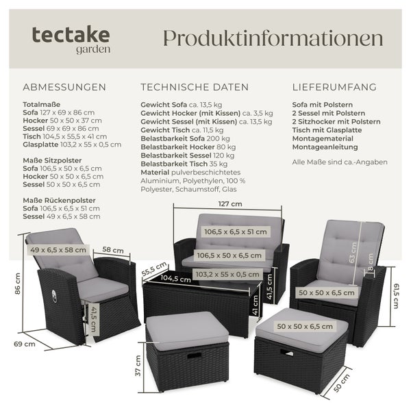 Rattan Lounge tectake Bari mit Sicherheitsglasplatte und Schraubfüßen mit Aluminiumgestell schwarz