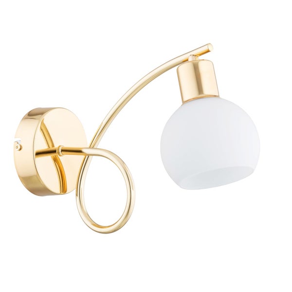 Moderne Wandleuchte in Metalloptik mit rundem Leuchtenschirm aus Glas für eine elegante Beleuchtung im Wohnbereich.