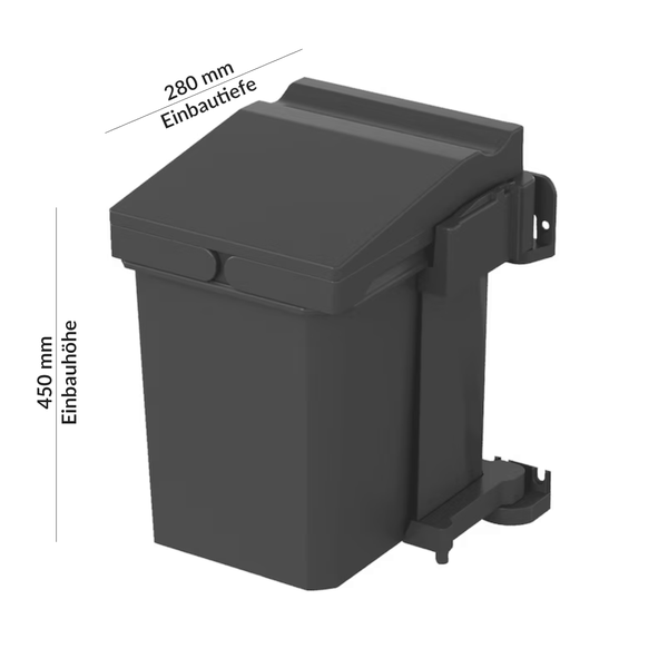 Einbau-Abfalleimer mit einer Einbauhöhe von 450 Millimetern und einer Einbautiefe von 280 Millimetern.